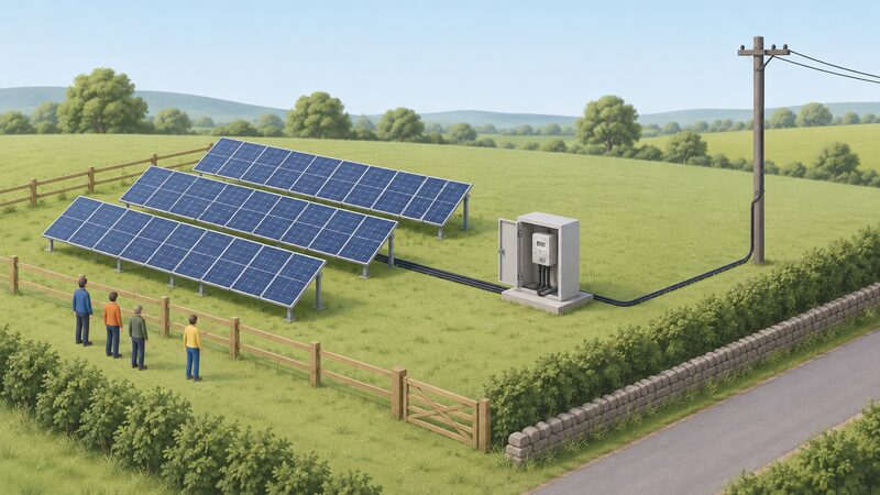 A small ground-mounted community solar array in a field corner, with cables running to a metering cabinet holding an export meter, connected onward to a grid supply pole at the site boundary.