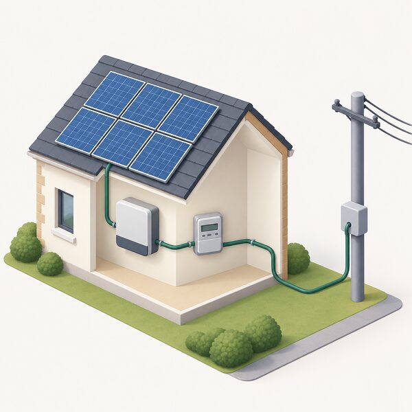 A small-scale renewable generator's installation shown with its electricity generation meter and an export cable running to a connection point on the national grid supply, drawn as a simple cutaway of the site's electrical setup.