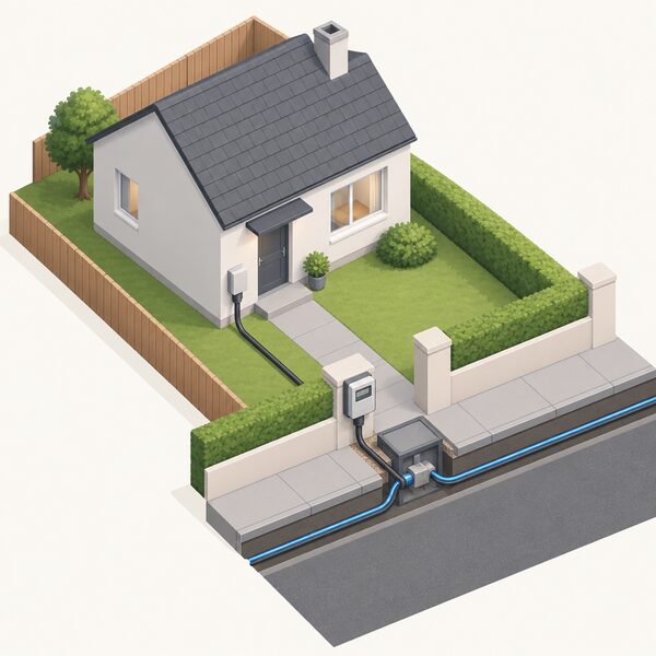 A simplified isometric house with its electricity meter and connection point at the boundary of the property, where the household's supply cable meets the local network cable running along the street, marking the grid edge between the site and the wider electricity network.
