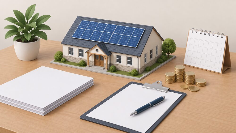 A small model of a village hall with solar panels on its pitched roof sits on a table beside blank application paperwork, a clipboard with a pen, a stack of coins and a blank calendar page, suggesting a community group preparing a funding application.