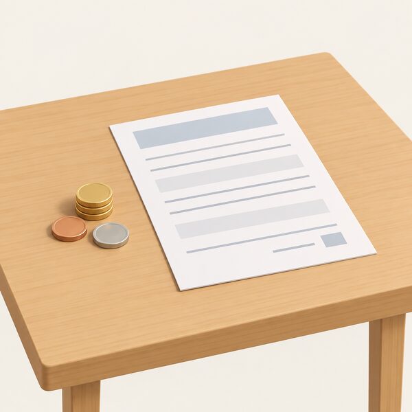 A small pile of coins beside a simple application form lying on a wooden table, drawn as a seed fund for a community energy group, with the form's content shown only as blank lines and plain blocks so nothing is readable.