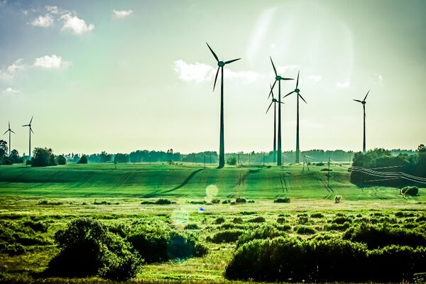 A group of wind turbines standing in a green open field under a bright sky
