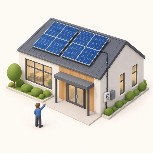 A community building with solar panels on its roof, a cable running down the wall to a meter and connection box beside the entrance, with a small isometric figure of a group member standing outside pointing up at the array.