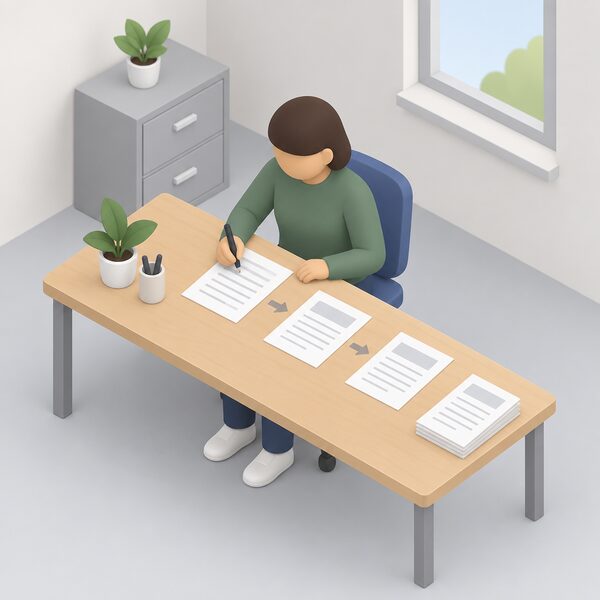 A simplified isometric figure of a community group member seated at a desk in a plain office, filling in a printed funding application form with a pen, with a few further blank forms laid out in a stepped sequence beside them to suggest a staged application process.