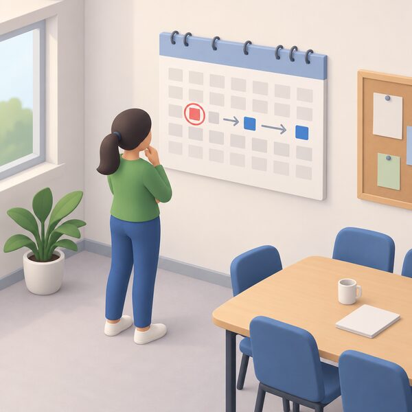 A wall calendar in a community group's meeting room, with one date ringed as a round closing and later dates marked to show the next round reopening, a simplified figure standing beside it checking the gap between them.