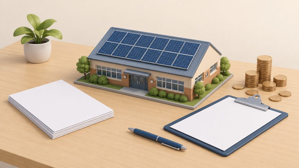 A small model of a community building's roof covered in solar panels sits on a table beside blank application paperwork, a clipboard, a pen and a scatter of coins, suggesting a community group applying for grant funding for its first shared generation asset.