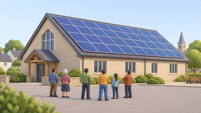 A village hall roof covered in rows of solar panels, seen from a low angle, with a small group of residents standing on the ground below looking up at the array.
