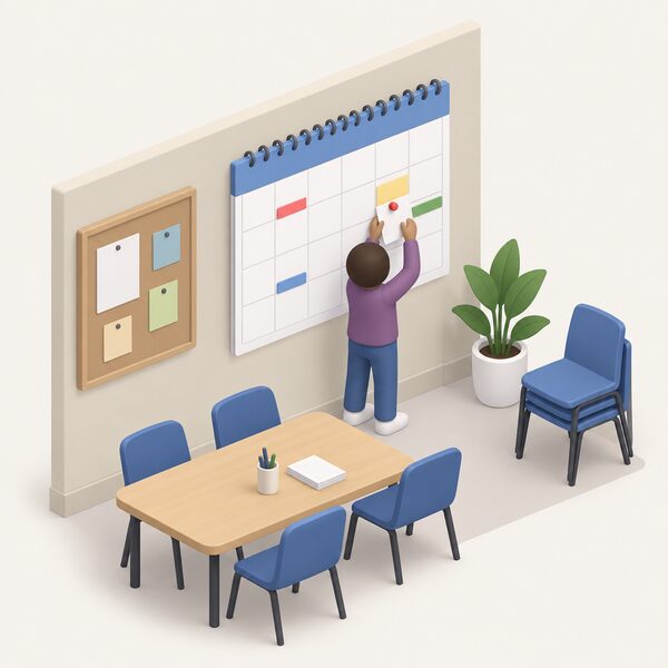 A wall calendar hanging in a community group's meeting room, with several date squares marked by plain coloured bands and a small isometric figure pinning a note to one of the marked squares.