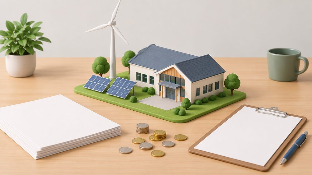 A small model of a community building with a wind turbine and solar panels beside it stands on a table next to blank application paperwork, a clipboard and a scatter of coins, suggesting a local energy project funded by a community grant.