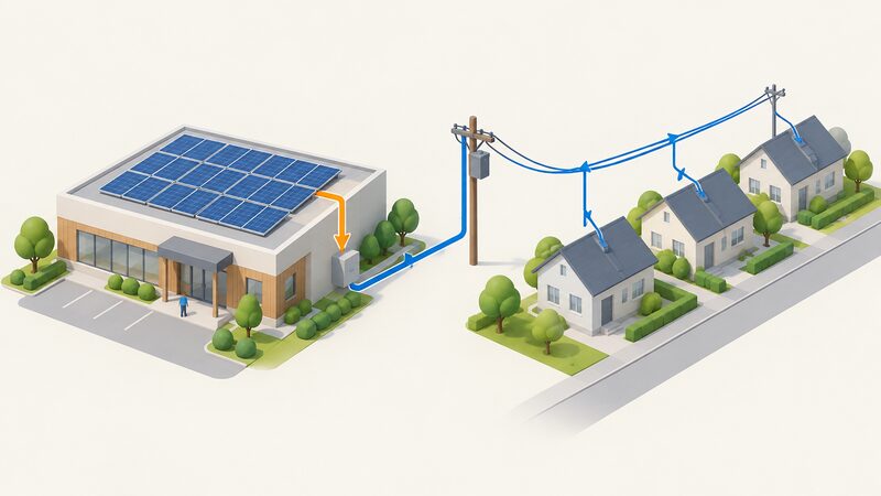 A simplified diagram-style scene of a community-owned solar array on one building wired directly to its host building, with a separate connection running from the site to a pole-mounted grid line, shown as the licensed supplier route to neighbouring houses.