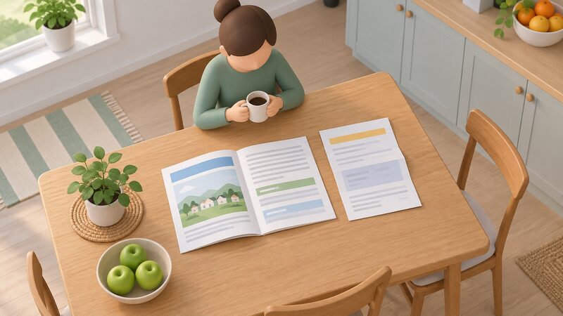 A kitchen table seen from above with a community share offer document as a printed booklet lying open beside a folded household electricity bill, both plain paper objects with blank lines and colour bands instead of readable content, in an ordinary home setting.