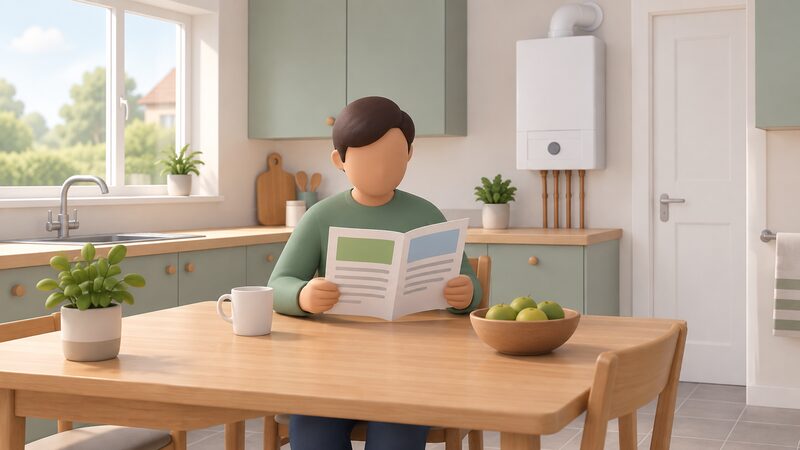 A simplified householder seated at a kitchen table reading an energy advice leaflet, with a wall-mounted gas boiler visible on the kitchen wall in the background.