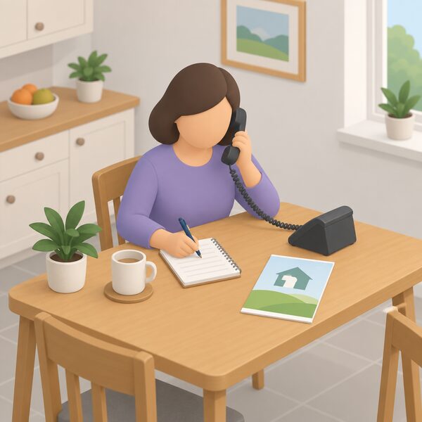 A householder sitting at a kitchen table in a Northern Ireland home, holding a phone to their ear while taking notes on a notepad, with a simple house outline and a plain advice leaflet on the table suggesting free independent energy advice being given over the phone.