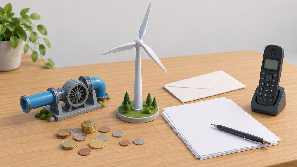 A small model wind turbine and a tiny model water pipe with a turbine stand on a wooden table beside blank application paperwork, a plain envelope, a scatter of coins and a cordless telephone, suggesting a Scottish community weighing up a shared renewable scheme.