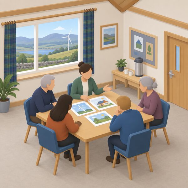 A development officer sits at a table with a small group of community members in a Scottish community building, discussing printed sheets showing simple renewable energy options, with a window view of rolling hills and a distant wind turbine.