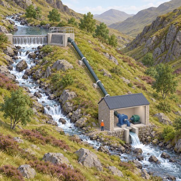 A small micro-hydro scheme in a Scottish glen: a low weir across a steep burn diverts water into a screened intake, a penstock pipe runs down the hillside to a small turbine house, and water flows out of the turbine back into the burn below.