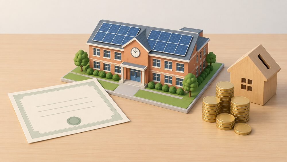 A small model of a school building with solar panels on its roof sits on a table beside a blank share certificate, a stack of coins and a house-shaped money box, showing local money pooled into a community-owned solar scheme.