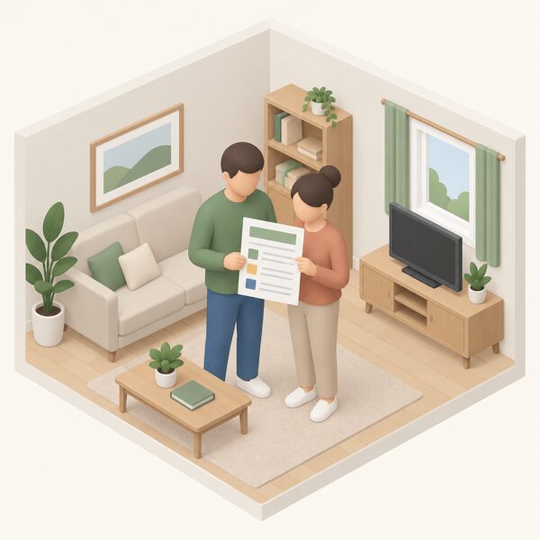 Two simplified householders stand together in their living room holding an opened improvement grant letter, drawn as a physical sheet with blank lines and plain colour blocks, reading it before any work on energy efficiency measures is committed.
