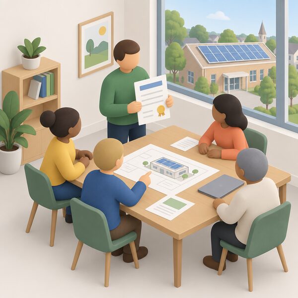 A small group of community members gathered around a table with a grant award letter and simple plans, planning a local renewable energy project such as rooftop solar panels on a nearby community building shown through a window.