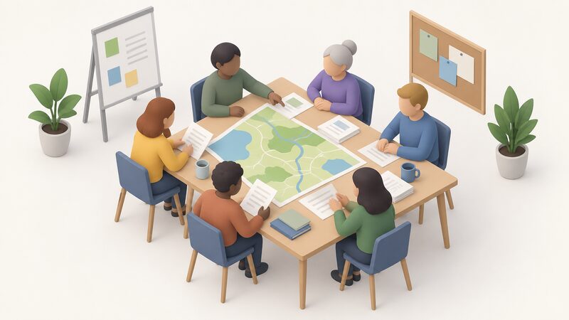 A small community energy group meeting around a table, with simplified figures seated together reviewing a large map of their area and printed funding documents spread out, showing collective organisational work rather than any household or installed equipment.