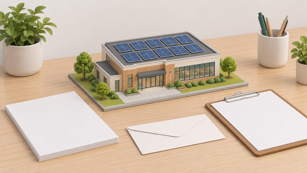 A small model of a community building with rooftop solar panels sits on a table beside a blank report document, a clipboard and a letter envelope, suggesting a local group preparing a community generation project.
