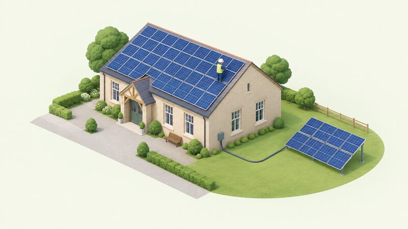 A village hall with solar panels across its pitched roof and a small ground-mounted array on the grass beside it, with a simplified isometric figure inspecting the panels, the arrays connected by cable to the shared community building.