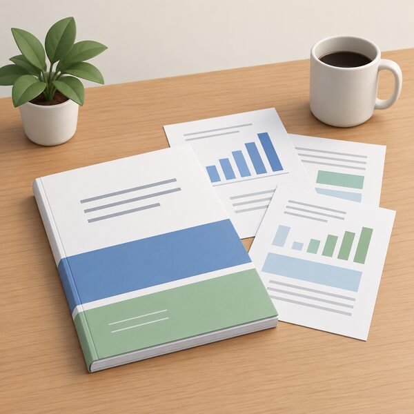 A printed annual report lying closed on a wooden table beside a plain mug, its cover carrying only plain colour bands and blank lines, with a few loose printed sheets fanned out showing simple bar charts and blocks with no readable figures.