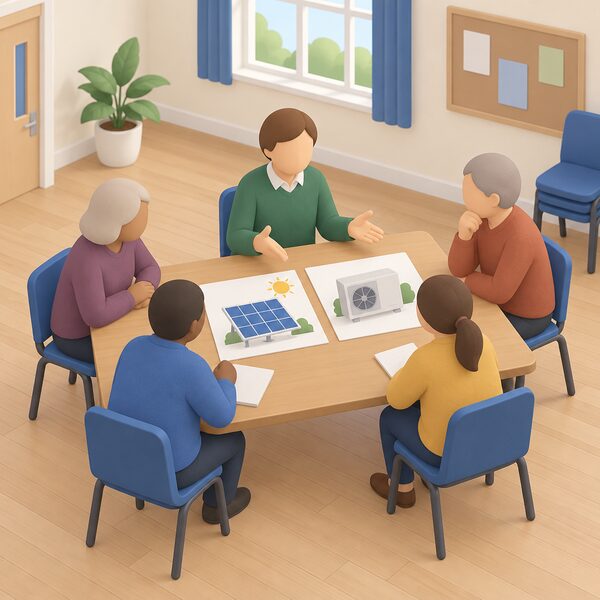 A development officer sits at a table with a small group of community members, gesturing toward simple drawings of renewable energy options such as solar panels and a heat pump laid out on sheets of paper, in a village hall setting.