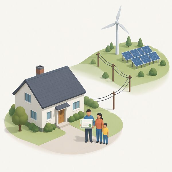 A simplified isometric household stands outside their home with a clear, empty roof, holding a share certificate, while a small community wind turbine and solar array stand on a nearby hill connected by poles and wires leading back to the house.