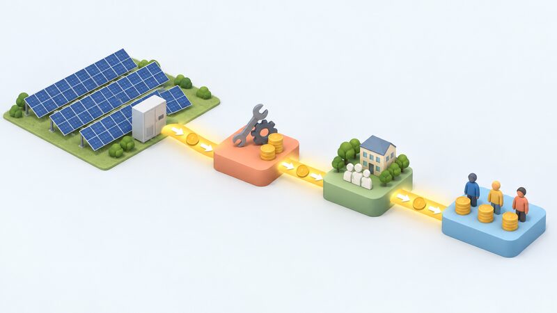 A simplified isometric diagram of a community-owned solar array with income flowing as a stream through three labelled-by-colour stages in order: running costs and debt service, then a community benefit fund, and finally member interest reaching small member figures.