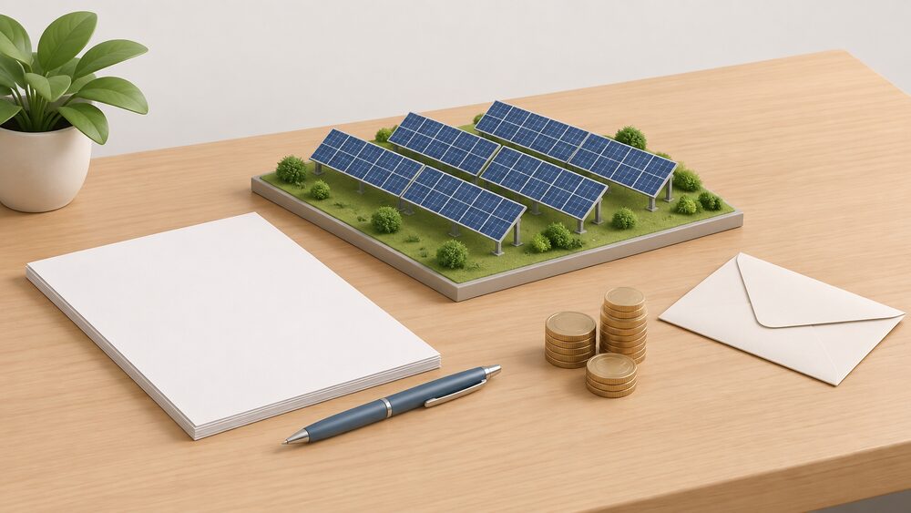 A small model of a community solar array standing on a table beside a blank share offer document, a pen, a stack of coins and a plain envelope, arranged as the moment a household considers buying shares in generation somewhere else.