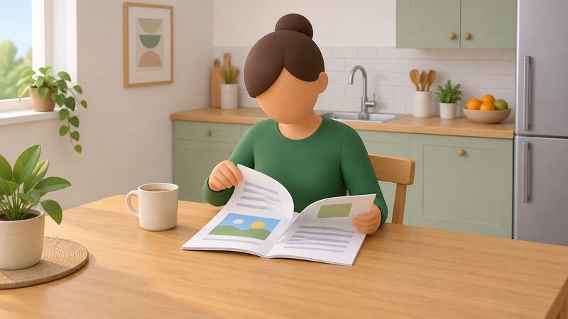 A householder sits at a kitchen table reading a printed community energy share offer document, turning a page, with a mug beside them and the document's pages shown with plain blocks and blank lines instead of readable text.