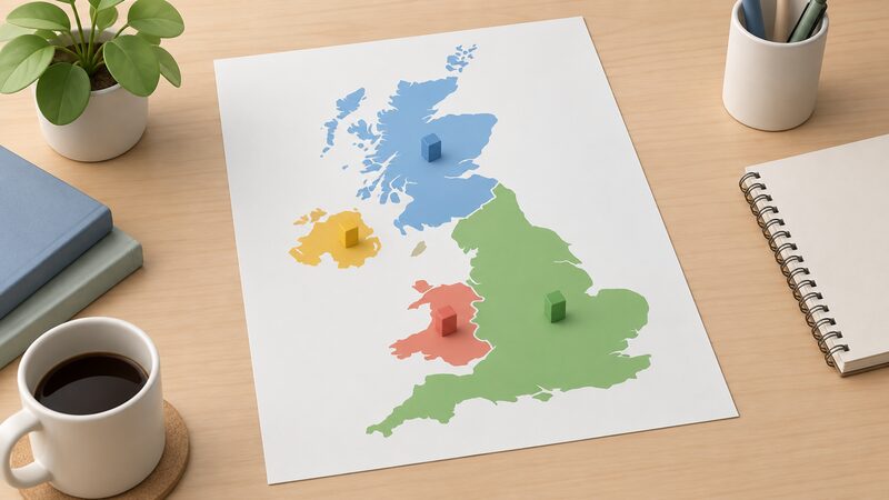 A simplified map of the UK drawn as a printed sheet, with the four nations shown as plain colour regions, each marked with a small blank marker block standing for its differing community energy grant scheme or advisory body, no names or figures.