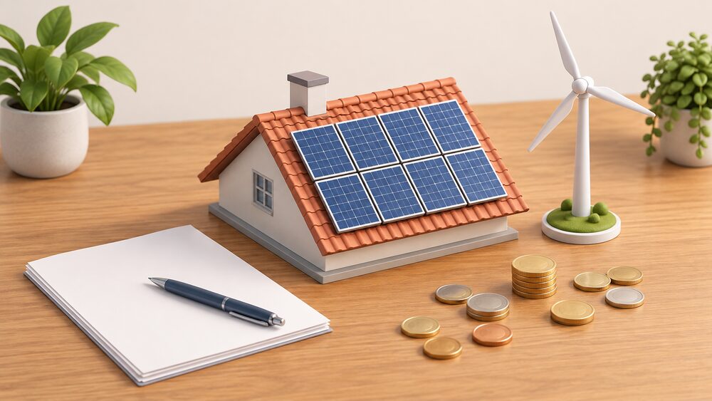 A small model house roof with miniature solar panels on it sits on a wooden table beside blank paperwork, a pen and a scatter of coins, with a tiny model wind turbine standing nearby to represent the shared community alternative.
