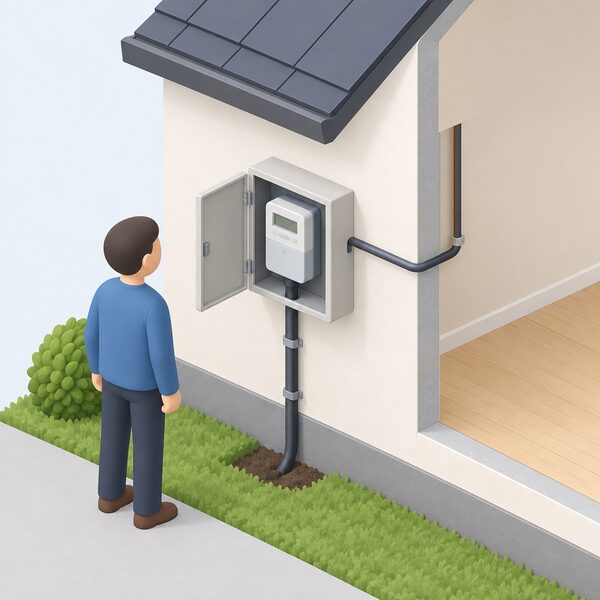 An isometric view of a house's external wall showing the electricity meter in its cabinet, with the incoming supply cable rising from the ground to the meter and a cable continuing from the meter into the house, one simplified figure standing beside it.