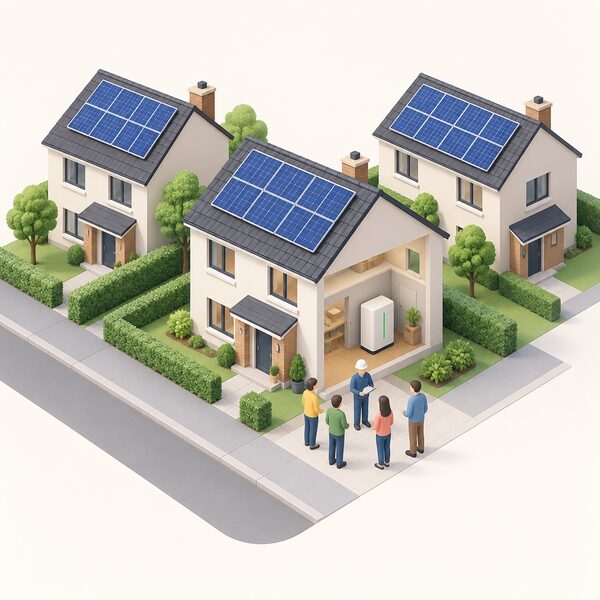 A small isometric house with rooftop solar panels and a battery unit inside, with two neighbouring houses also having rooftop arrays, showing a group of households installing panels and battery storage together at a competitive group price.