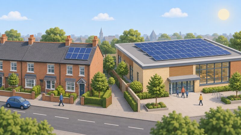 A split scene showing a small solar array on the roof of a terraced house next to a larger shared solar array on the roof of a nearby public building, both under the same sky.