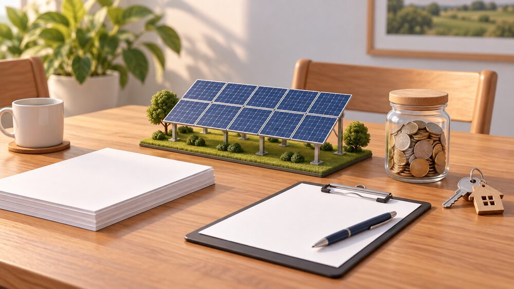 A small model of a ground-mounted solar panel array stands on a wooden table beside blank share-offer paperwork, a clipboard with a pen, a glass jar of coins representing a community fund, and a house key, all lit as a warm local meeting scene.