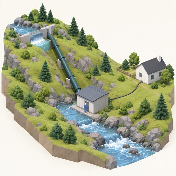 A small upland hydro scheme where a stream feeds an intake weir, with a sloping penstock pipe running down to a small turbine housing beside the water, a cable leaving the housing toward a nearby building, and a simplified figure standing at the housing door.