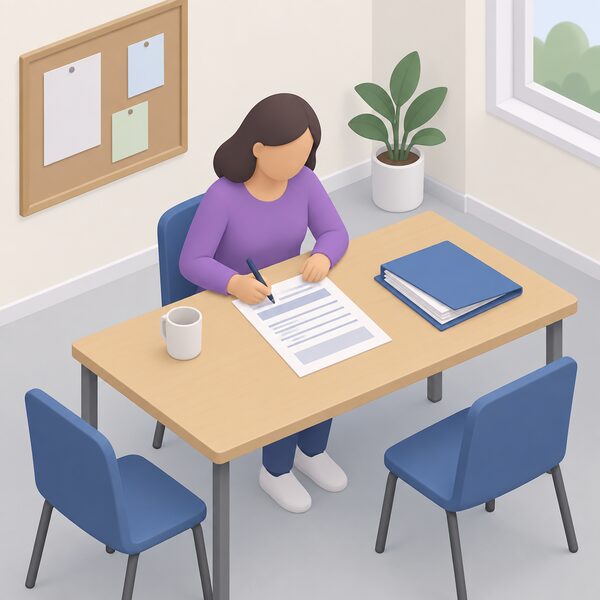 A community group representative seated at a table filling in a printed grant funding application form with a pen, the form shown as a physical sheet with blank lines and plain blocks, a folder of papers beside them in a simple community meeting room.