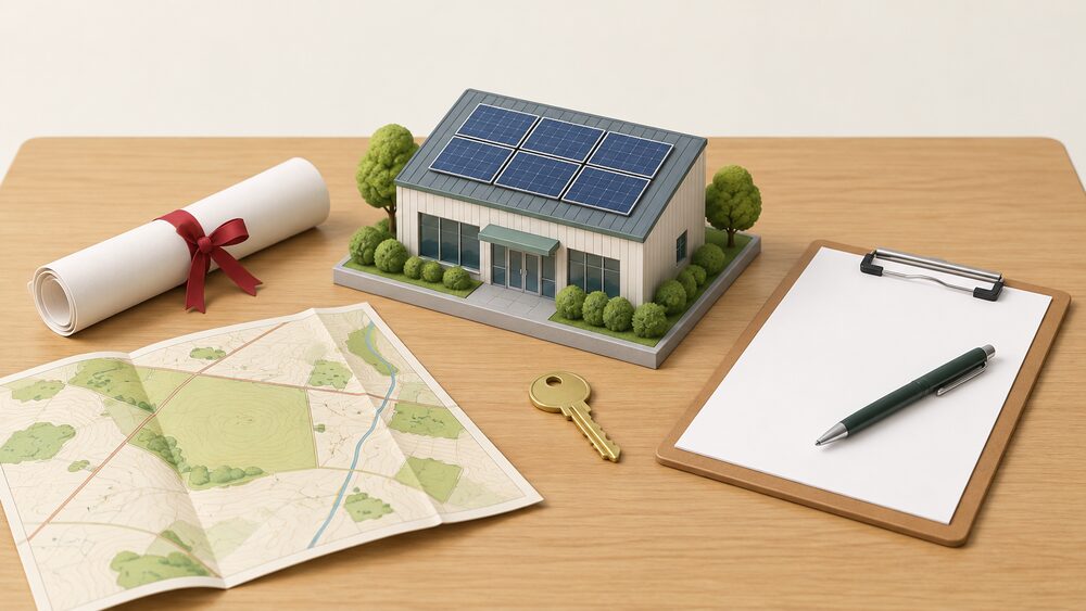 A small model of a building with rooftop solar panels stands on a wooden table beside a rolled lease document tied with ribbon, a brass key, a folded ordnance-style map of a field, and a blank clipboard with a pen, suggesting a community group securing a site.