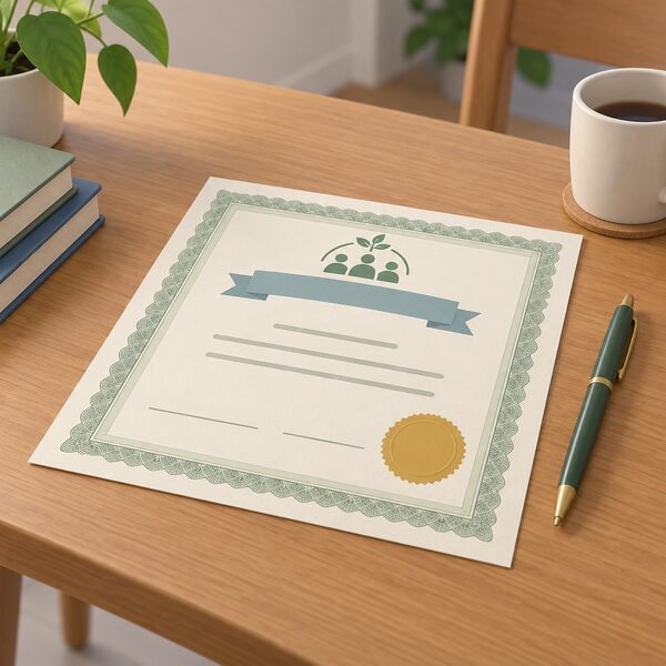A single share certificate for a community benefit society lying on a wooden table beside a pen, drawn as a physical paper document with a decorative border, a plain seal, blank lines and colour bands where its wording would be, with no readable text.