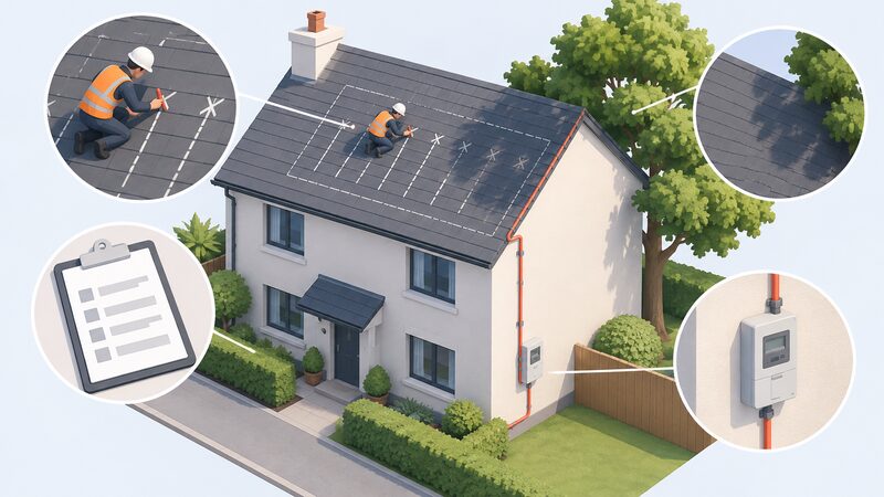 A surveyor on a domestic roof marks rafter positions, shading from a nearby tree and the cable route down to the meter, with a clipboard showing the export limit as a plain block.