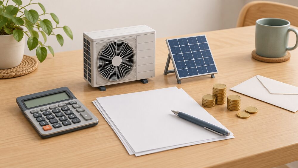 A small model of an outdoor air source heat pump unit and a miniature solar panel stand on a kitchen table beside blank paperwork, a calculator, a stack of coins and a plain envelope, suggesting the cost of home energy upgrades.