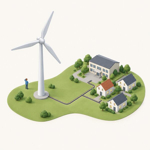 A single community wind turbine on open ground with cables running to a small cluster of local buildings, including a school-like building and houses, with a simplified isometric figure standing nearby looking up at the turbine.