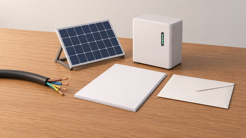 A small rooftop solar panel model and a compact home battery sit beside blank official paperwork, a sealed envelope and a cut electricity cable end on a wooden table, showing the moment a household arranges a permanent grid disconnection.