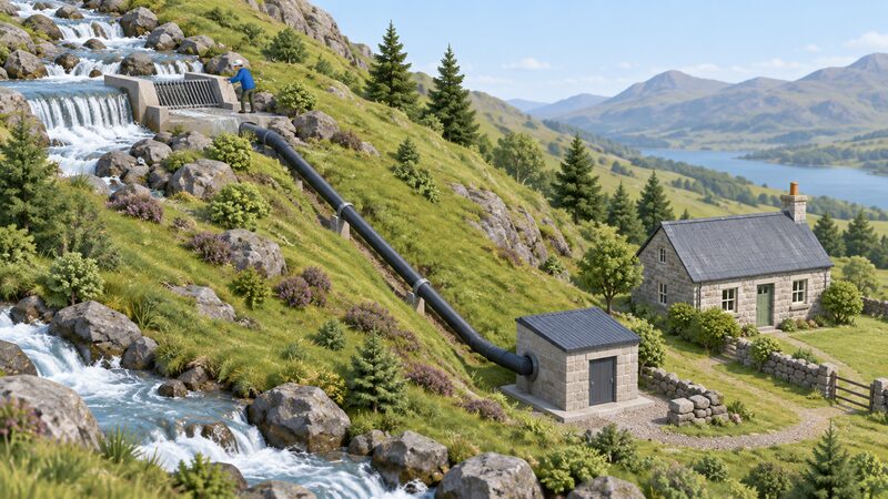 A small intake weir on a fast hillside stream diverts water through a screened pipe running down the slope to a compact turbine housing beside a remote cottage, with a simplified figure checking the intake screen.