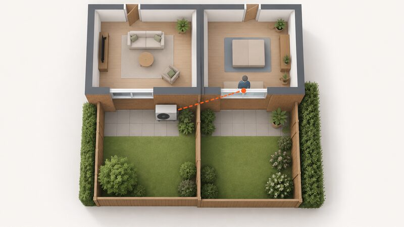 A simplified plan-view diagram of two adjoining houses showing an air source heat pump on one property with a marked assessment point one metre from the neighbour's habitable room window, connected by a dashed measurement line.