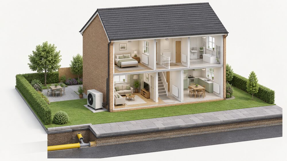 A cutaway house with an air source heat pump fan unit standing outside on the ground, no gas boiler or gas meter inside, and the gas service pipe shown cut and sealed at the street main under the pavement.