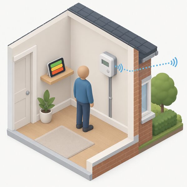 A simplified isometric figure stands beside a smart electricity meter mounted on an interior wall, with a small signal travelling from the meter toward the outside, while a nearby in-home display on a shelf shows plain colour bands.